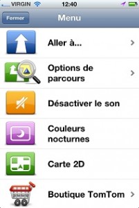 TomTom iPhone - menu principal